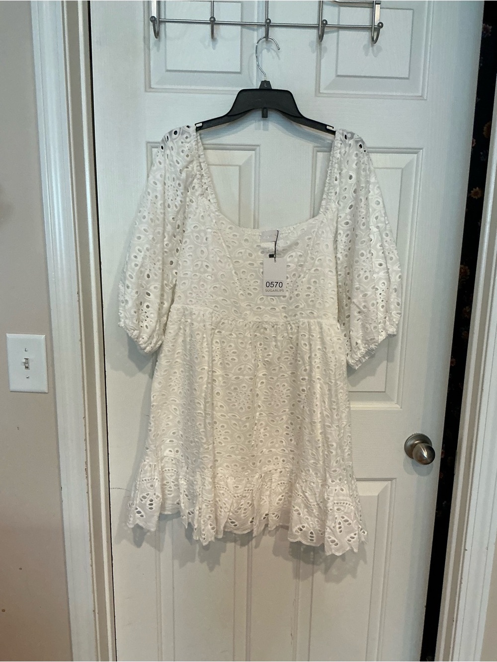 Sugarlips White Eyelet Square-Neck Mini Dress with Puff Sleeves